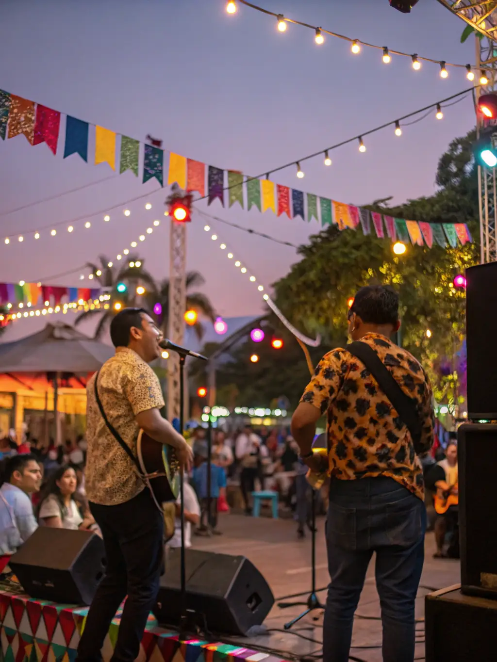 A lively scene from a local music festival, with musicians performing on stage and a crowd of people dancing and enjoying the music in an outdoor setting.