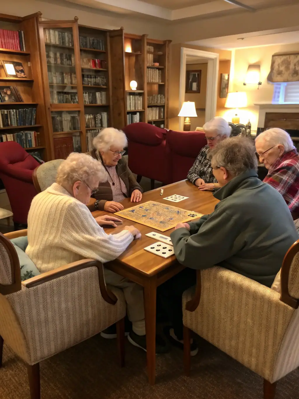 A group of seniors participating in a recreational activity, such as a board game or gentle exercise, organized by FOYER RURAL JEUNE EDUCATION POPULAIRE, promoting social interaction and well-being.