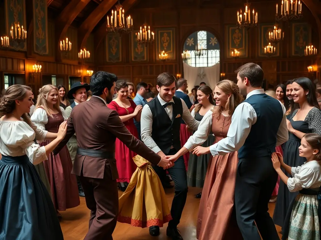 A vibrant image depicting a group of people participating in a traditional French dance workshop, showcasing cultural engagement and community spirit.