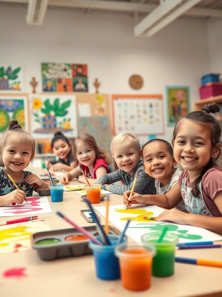 A group of children participating in an art workshop, painting and creating crafts, with smiles on their faces, in a brightly lit room.