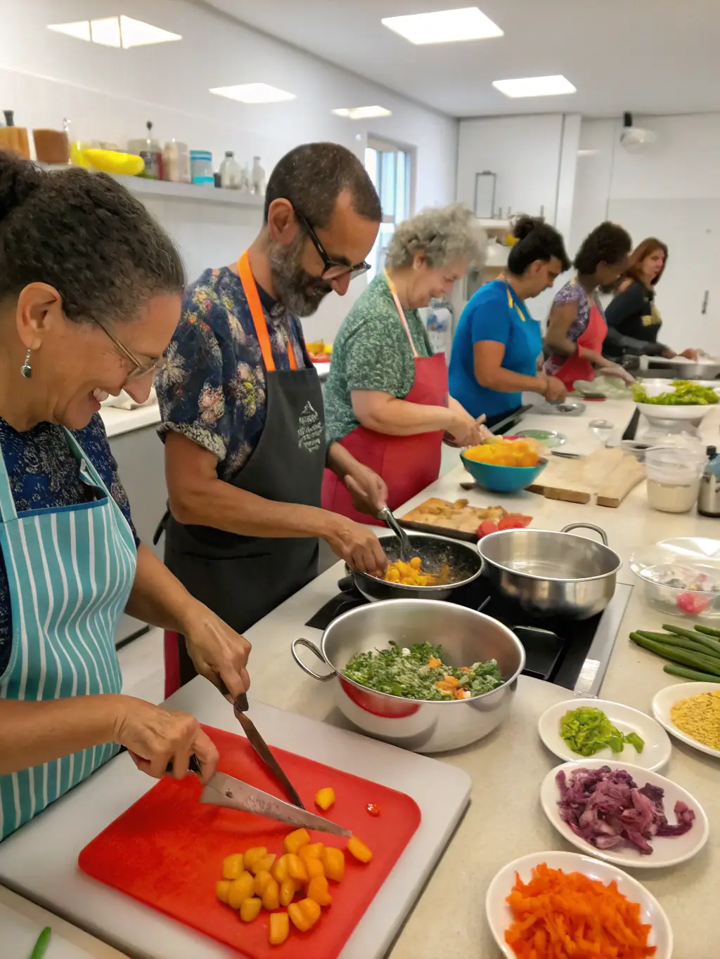 A photograph of adults learning traditional French cooking techniques in a hands-on cooking class, with fresh ingredients and a professional chef.