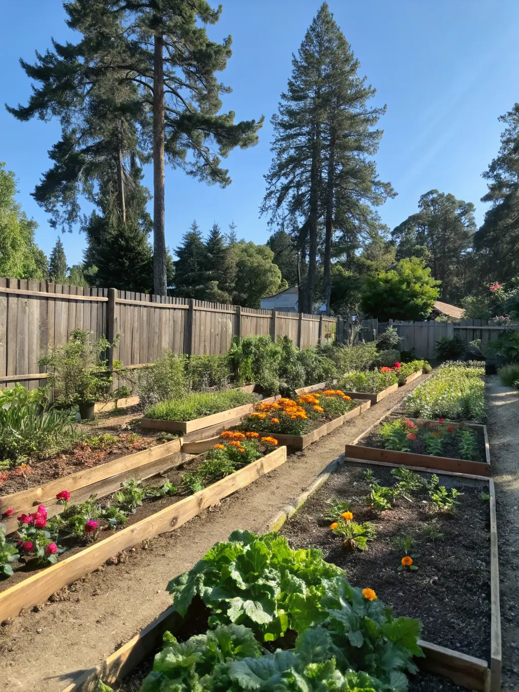 A diverse group of people participating in a community gardening project, planting vegetables and flowers in raised beds, with tools and gardening equipment visible.