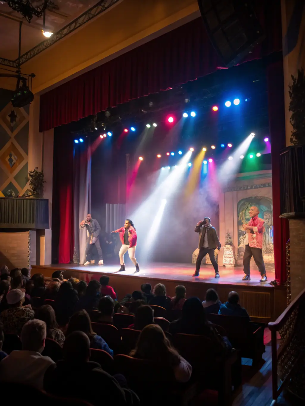 A scene from a community theater performance, with actors on stage and an audience watching attentively, highlighting the organization's support for local talent and performing arts.