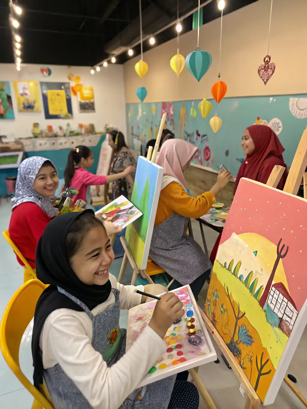 A group of children participating in an art workshop, painting and drawing with enthusiasm, showcasing the organization's commitment to fostering creativity and artistic expression among young people.