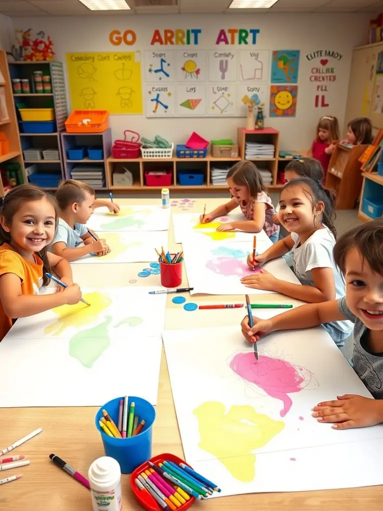 A group of children participating in an art workshop, painting colorful pictures with enthusiasm, showcasing the educational activities offered by FOYER RURAL JEUNE EDUCATION POPULAIRE.
