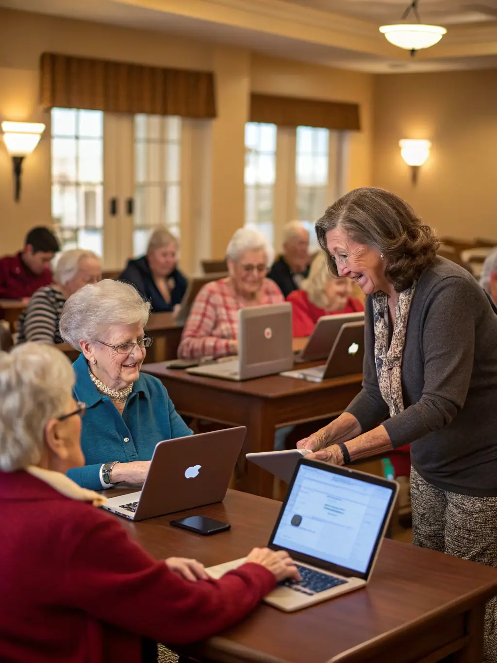 A group of seniors participating in a computer literacy class, learning how to use computers and the internet, demonstrating the organization's dedication to lifelong learning and digital inclusion.
